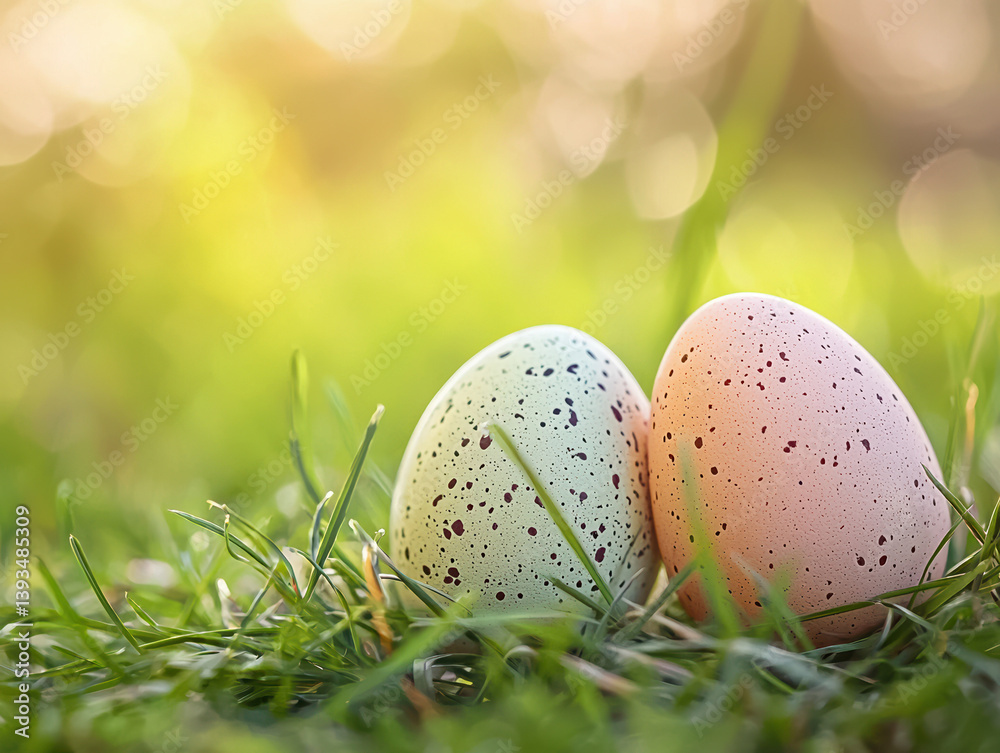 Fototapeta premium Two pastel speckled Easter eggs led together in vibrant green sp grass bathed in warm sunlight creating a cheerful Easter scene perfect for sptime celebrations and