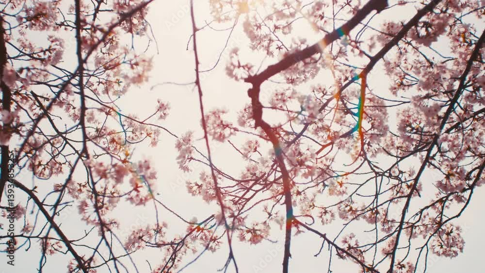 Beautiful view of cherry blossom flowers swaying in wind in warm spring, Sakura, Nostalgic negative film looks with backlit lens flare, 4K slow motion Beautiful view of cherry blossom flowers swaying in wind in warm spring, Sakura, Nostalgic negative film looks with backlit lens flare, 4K slow motion