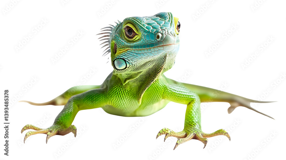 Fototapeta premium Adorable Baby Iguana Cutely Isolated on Pure White Background - Stock Image