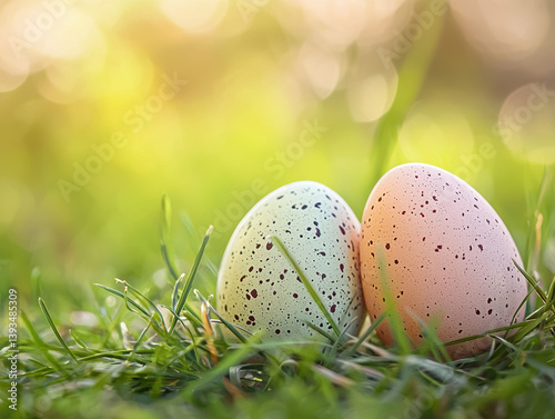 Two pastel speckled Easter eggs led together in vibrant green sp grass bathed in warm sunlight creating a cheerful Easter scene perfect for sptime celebrations and