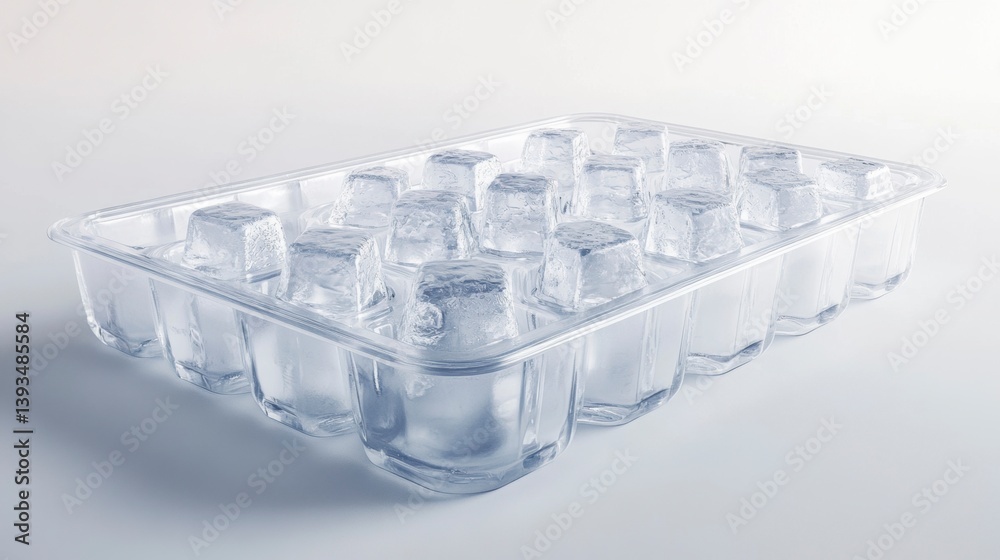 Fototapeta premium Tray of clear ice cubes in a plastic container.