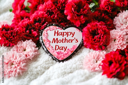 A heart-shaped "Happy Mother's Day" tag, creatively positioned among an arrangement of red and pink carnations on a soft white blanket.