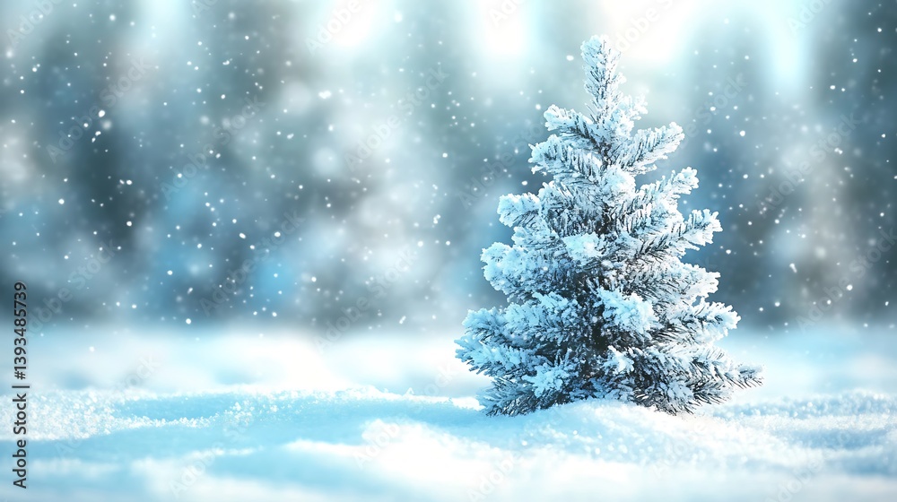 A Small Snowy Fir Tree Stands In A Winter Landscape A Small Snowy Fir Tree Stands In A Winter Landscape
