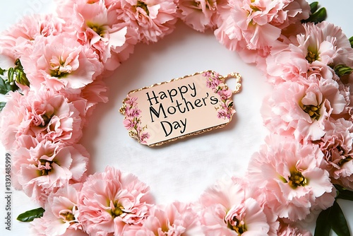 A heartwarming display of light pink carnations gently surrounding a "Happy Mother's Day" tag on a clean white canvas.
