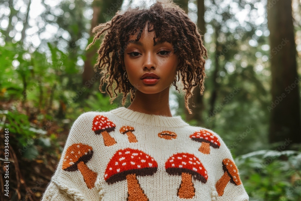 Fashionable young woman wearing a cozy sweater adorned with mushroom patterns in a lush forest during autumn Fashionable young woman wearing a cozy sweater adorned with mushroom patterns in a lush forest during autumn