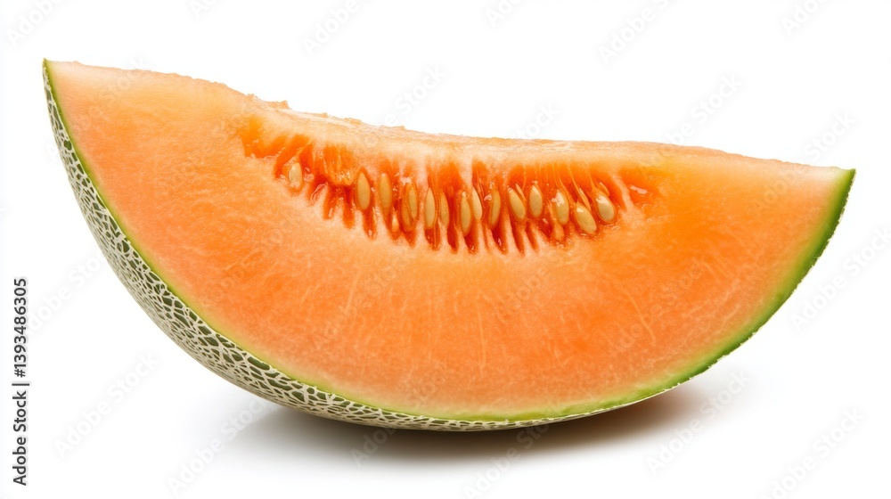 A close-up shot of a juicy cantaloupe slice, showcasing its vibrant orange flesh, black seeds, and light green rind against a stark white background. A close-up shot of a juicy cantaloupe slice, showcasing its vibrant orange flesh, black seeds, and light green rind against a stark white background.