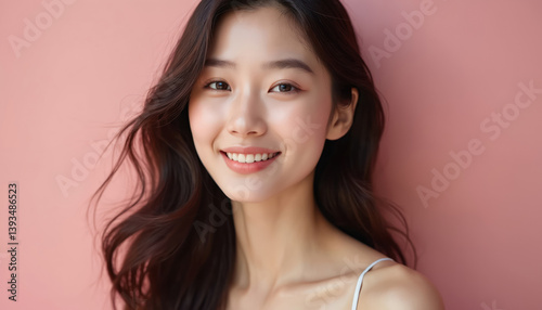 Beautiful Korean woman portrait with clean skin against pastel pink background. Brunette smiling, looking at camera. Beauty model, skin care, aesthetic cosmetic commercial concept.