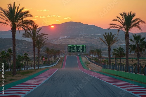 Sunset over a racetrack with palm trees and mountains in the background.