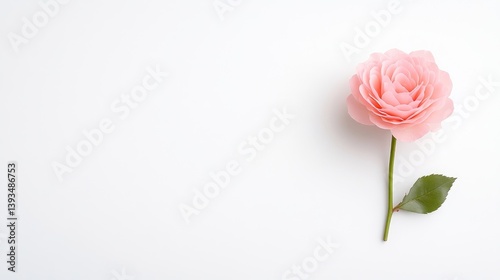 Single delicate pink rose on white background