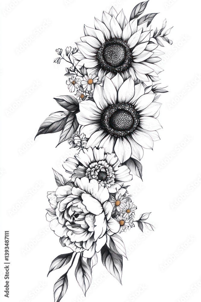 Fototapeta premium An elegant monochrome drawing of various flower blossoms and leaves