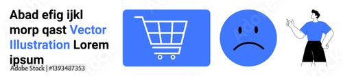 Shopping cart icon beside a sad face. Male figure gesturing dissatisfaction in casual outfit. Ideal for e-commerce, customer service, shopping experience, feedback, dissatisfaction, complaints