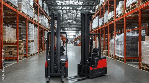 Two forklifts facing each other in a large warehouse aisle, surrounded by high shelves stocked with goods.