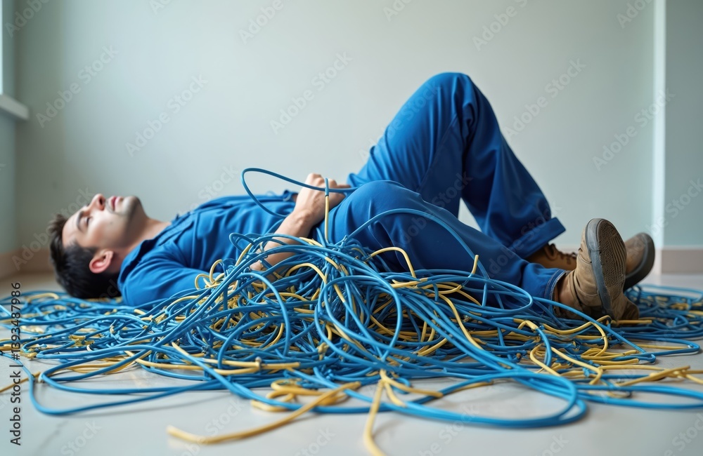 Electrician lying on floor after falling tangled in wires. Man in work clothes, work accident. Safety hazard at work. Electrical cables lying on ground.