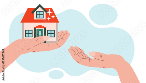 Real estate buying concept. Businessman hands giving a new house, successful investment concept. Illustration in flat style.