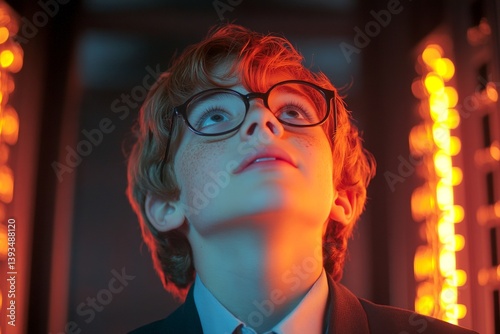 Stock trader looks smiling widely at the monitor in dark it infrastructure. Nerd caucasian youth boy in a corporate wear, diagram reflections in his glasses. Conceptual art of it. photo