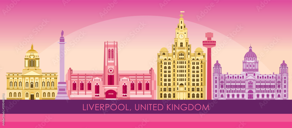Sunset Skyline panorama of Liverpool, United Kingdom - vector illustration