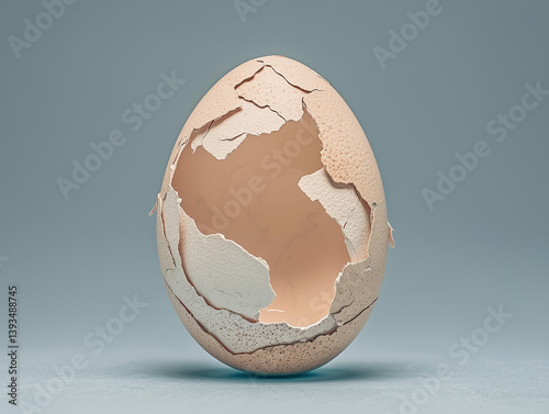 A delicately cracked egg reveals a pale interior against a muted blue background showcasing fragility and new beginnings in a studio shot.