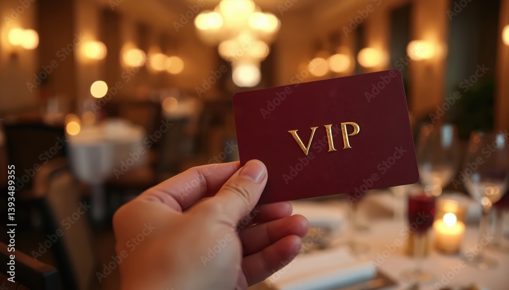 Hand holds VIP restaurant table invitation card. Premium elegant business dinner in fancy prestigious gold dining interior, copy space for luxury celebration event. Selective focus on gold VIP text.