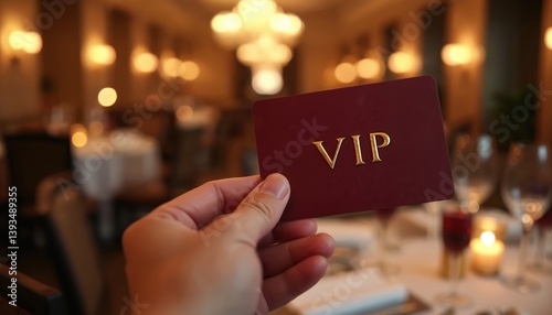 Obraz na płótnie Hand holds VIP restaurant table invitation card. Premium elegant business dinner in fancy prestigious gold dining interior, copy space for luxury celebration event. Selective focus on gold VIP text. w salonie