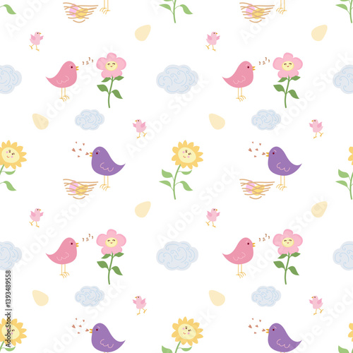 Seamless pattern with cute cartoon birds, eggs, nest,flowers,clouds on white background. Animal kids print design in flat style. For textiles, clothing, bed linen, office supplies.