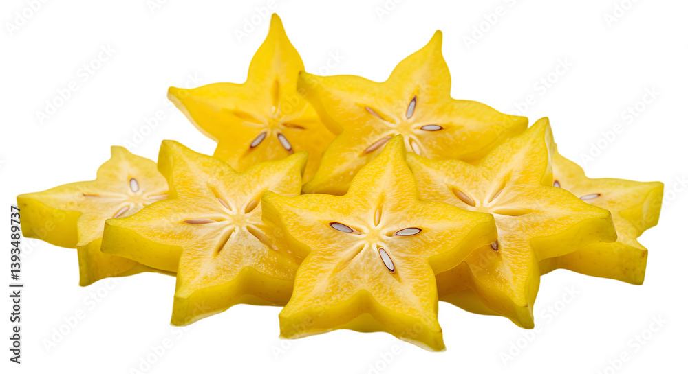 Close up of several slices of yellow star fruit on a black background Close up of several slices of yellow star fruit on a black background