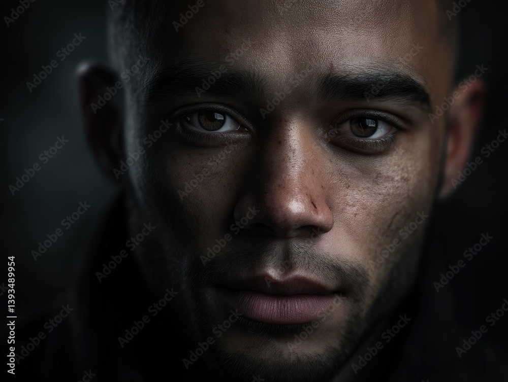 Fototapeta premium A close-up portrait of a person with short hair and a focused expression, showing details of skin texture and features. The lighting enhances facial contours. No text is visible