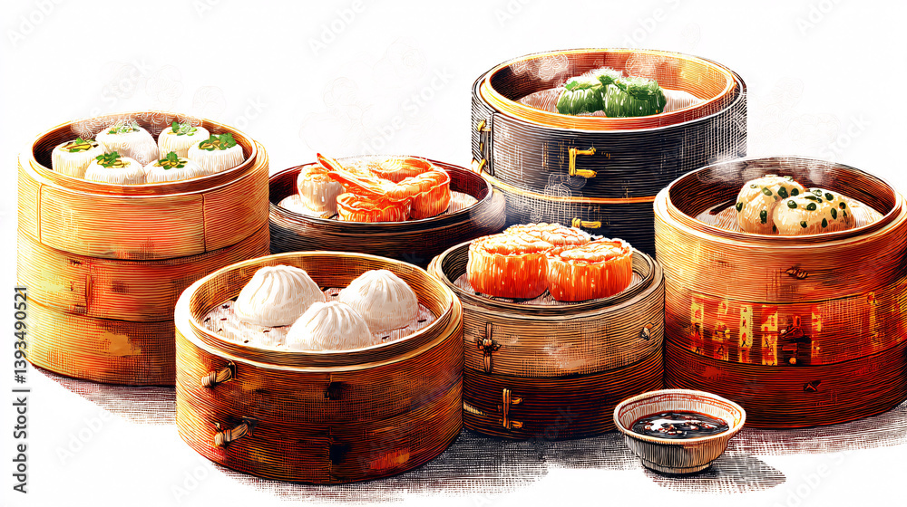 Steaming bamboo baskets filled with classic Chinese dim sum are pictured against a white backdrop, showcasing Asian food. Steaming bamboo baskets filled with classic Chinese dim sum are pictured against a white backdrop, showcasing Asian food.