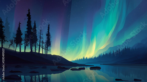 The aurora borealis, or northern lights, creates a vibrant, dancing display of light in the Arctic, shifting from dark blue to green hues across the night sky.  