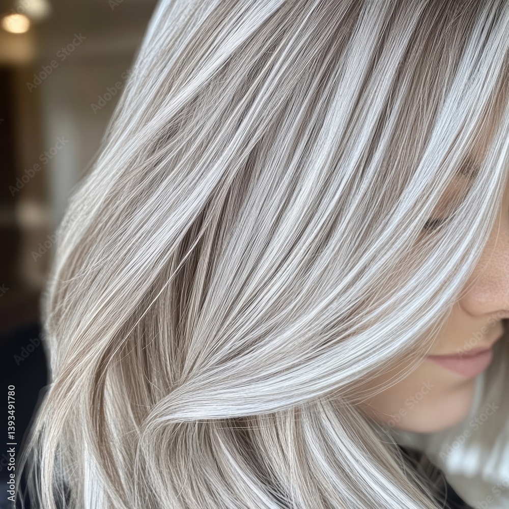 Naklejka premium A close-up shot of beautifully styled hair with highlights, showcasing a soft, wavy texture, This image can be used in beauty, fashion, or haircare campaigns,