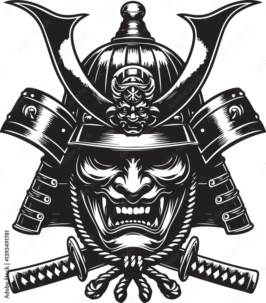 Naklejka premium Samurai helmet with oni mask black and white vector