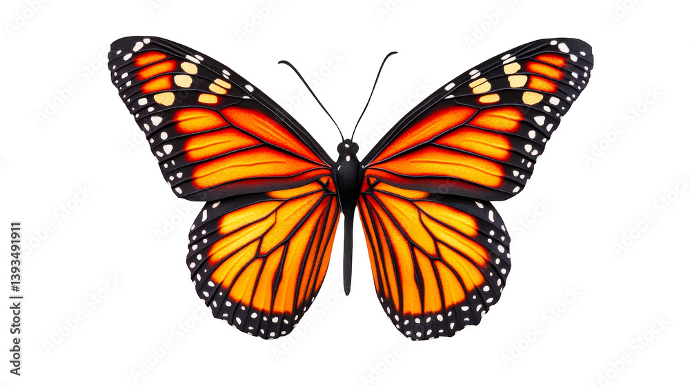 Fototapeta premium Monarch butterfly with black and orange wing pattern, cut out transparent