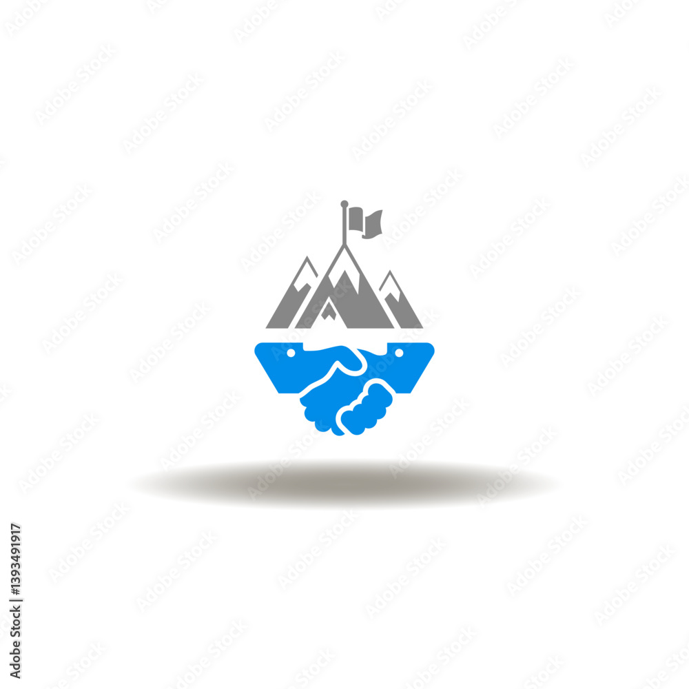 Vector illustration of handshake and mountains top with flag. Symbol of mission, challenge, partnership. Icon of business deal successful. sign of win-win strategy.