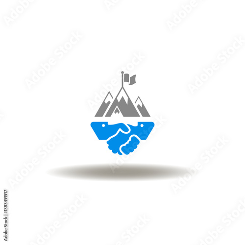 Obraz na płótnie Vector illustration of handshake and mountains top with flag. Symbol of mission, challenge, partnership. Icon of business deal successful. sign of win-win strategy. w salonie