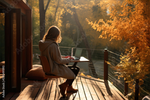 Digital nomad lifestyle. Woman working on a laptop while traveling. Career and personal life. Finding a healthy balance between work and personal life