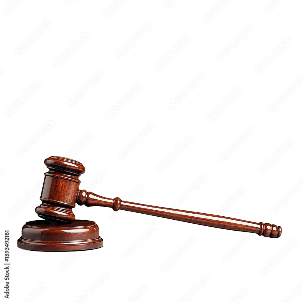Wooden gavel placed on a transparent background symbolizing justice and law