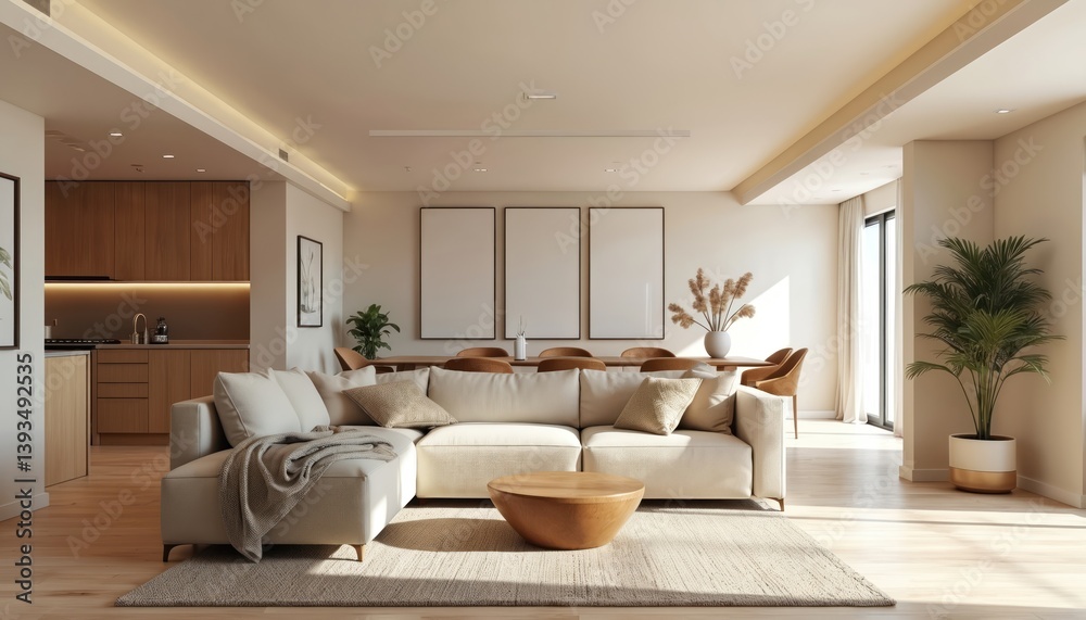 Spacious contemporary living room interior design. New house home with neutral colors palette, modern furniture. Ample natural light, wooden floor. Comfortable decor, nobody. Apartment, condo. Ideal