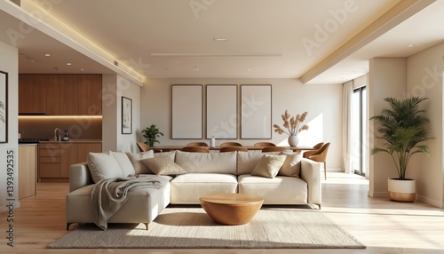 Obraz na płótnie Spacious contemporary living room interior design. New house home with neutral colors palette, modern furniture. Ample natural light, wooden floor. Comfortable decor, nobody. Apartment, condo. Ideal w salonie