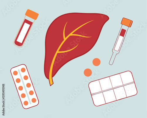 Liver Health Concept: Illustration with Organ, Blood Vials, and Pills.