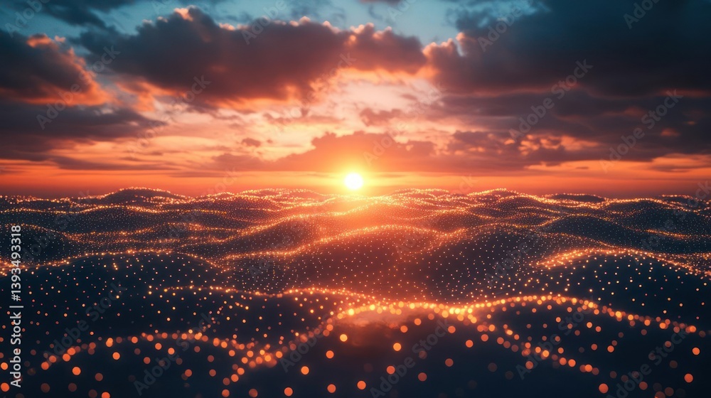 Fototapeta premium Sunset over a digital landscape of rippling waves