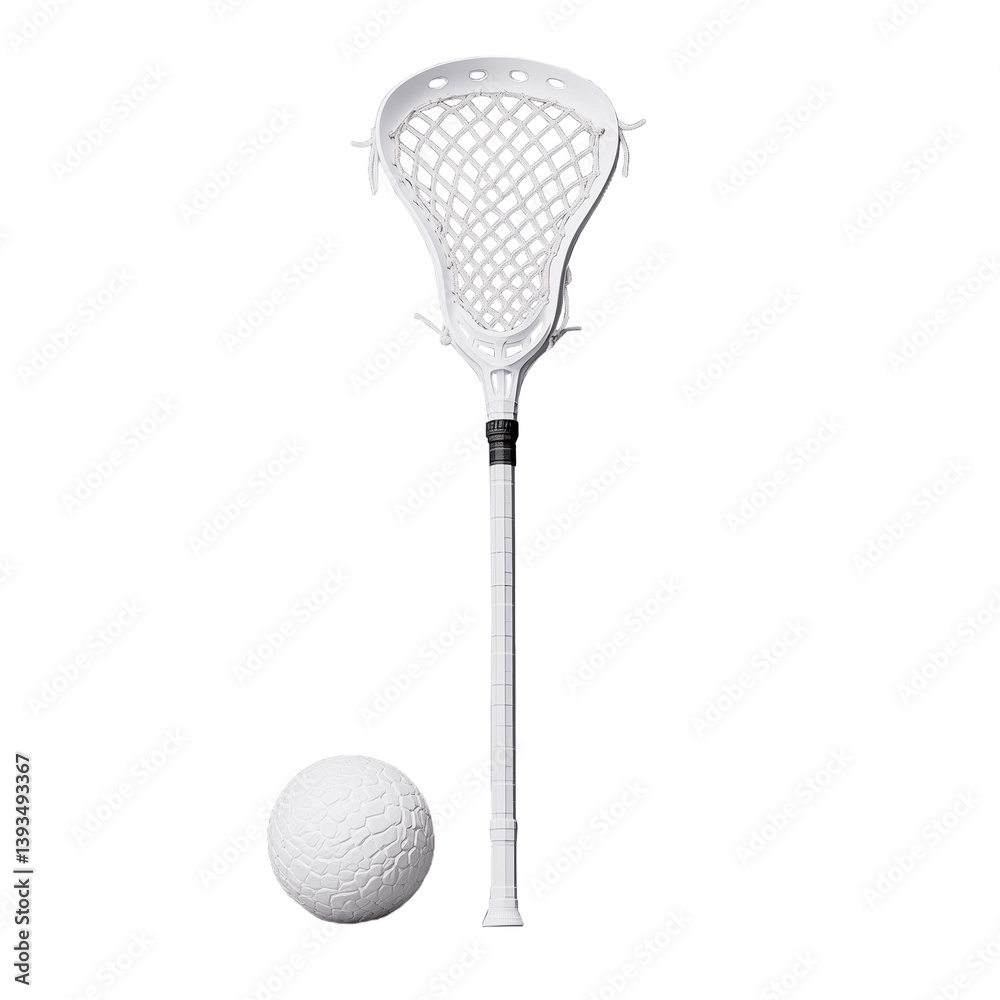 Lacrosse stick with a white ball on a transparent background symbolizing sports and competition