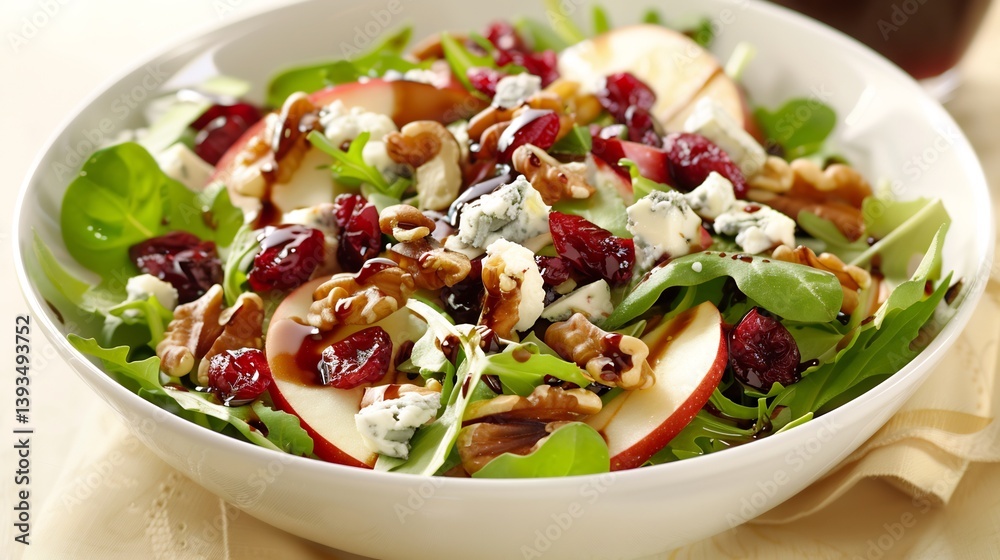 Fresh apple walnut salad with mixed greens blue cheese and dried cranberries topped with balsamic glaze served in a modern white bowl Fresh apple walnut salad with mixed greens blue cheese and dried cranberries topped with balsamic glaze served in a modern white bowl