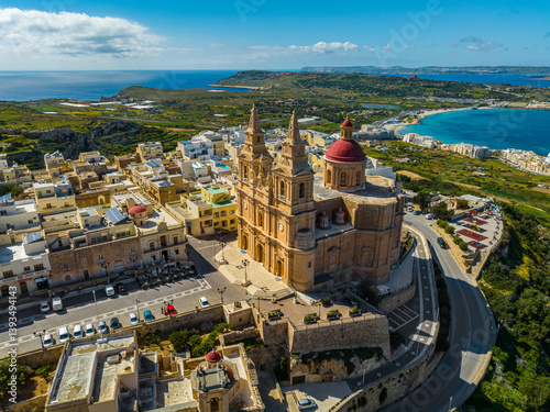 Drone view of Parish Church of Mellieha. Maltese island