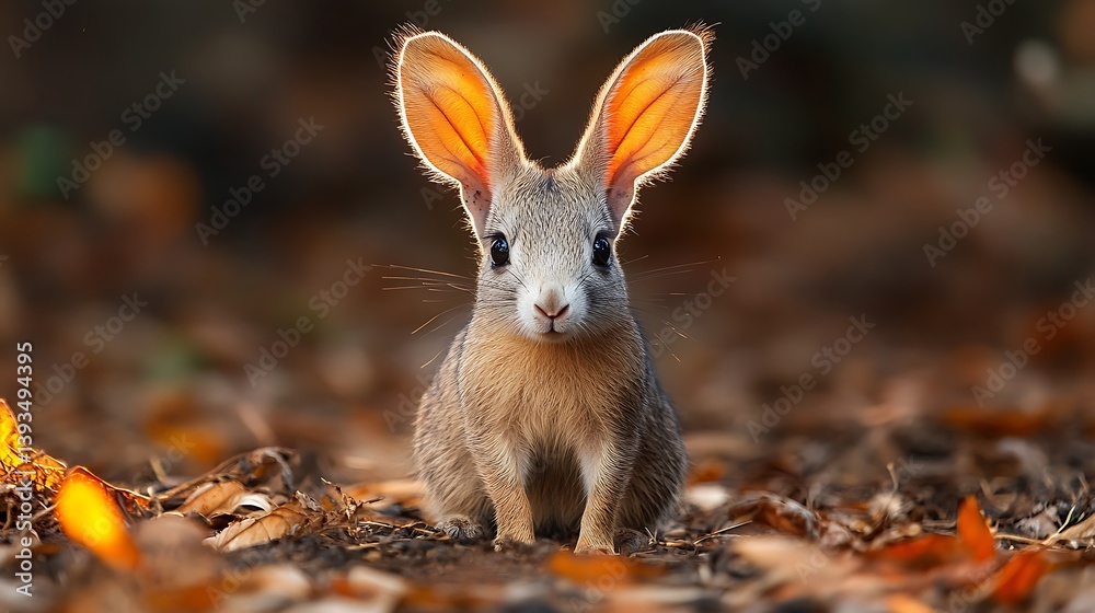 Fototapeta premium Cute aardvark with glowing ears sitting on forest ground covered in leaves. Autumn colors and wildlife focus. Nature protection and biodiversity awareness. National Aardvark Week concept