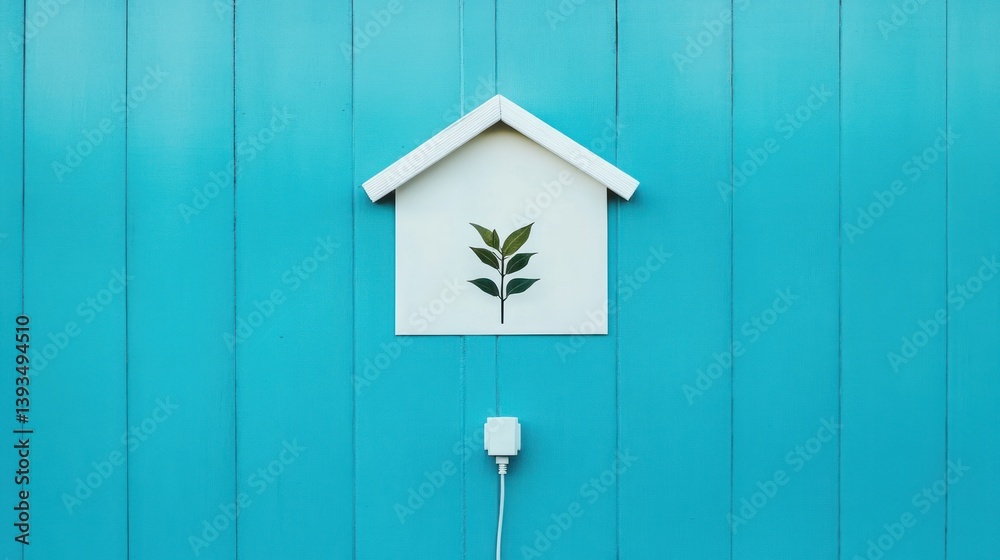 White house-shaped box with plant image on teal wood, power outlet below. White house-shaped box with plant image on teal wood, power outlet below.