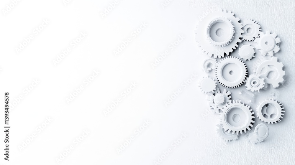 White gears and cogs arranged in a cluster on a clean white background, and showcasing mechanical precision and engineering design concept. White gears and cogs arranged in a cluster on a clean white background, and showcasing mechanical precision and engineering design concept.