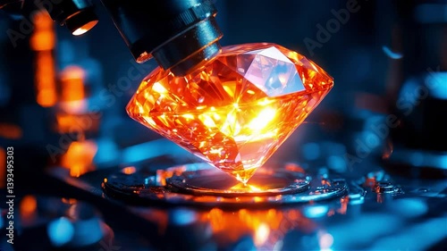 Exploring the mesmerizing beauty of a radiant gemstone under a powerful microscope at a vibrant lab
