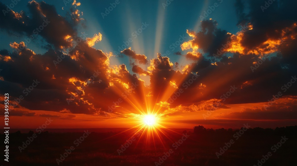 Naklejka premium Dramatic sunset, vibrant colors, radiant sunbeams piercing through clouds