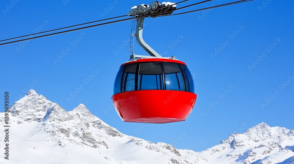 Obraz premium A red cable car ascends above snow covered mountain peaks
