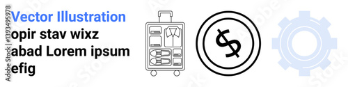 Organized suitcase with clothes, coin with dollar sign, and gear outline. Ideal for travel, budget planning, business, tourism, savings logistics organizational concepts. Abstract line flat
