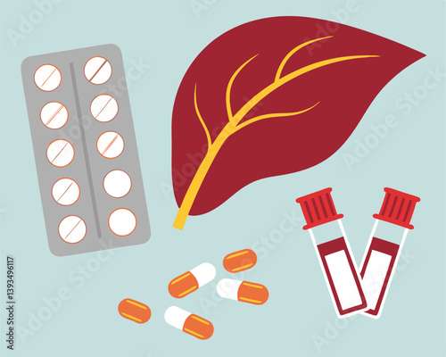 Liver Health Concept: Illustration with Organ, Blood Vials, and Pills.
